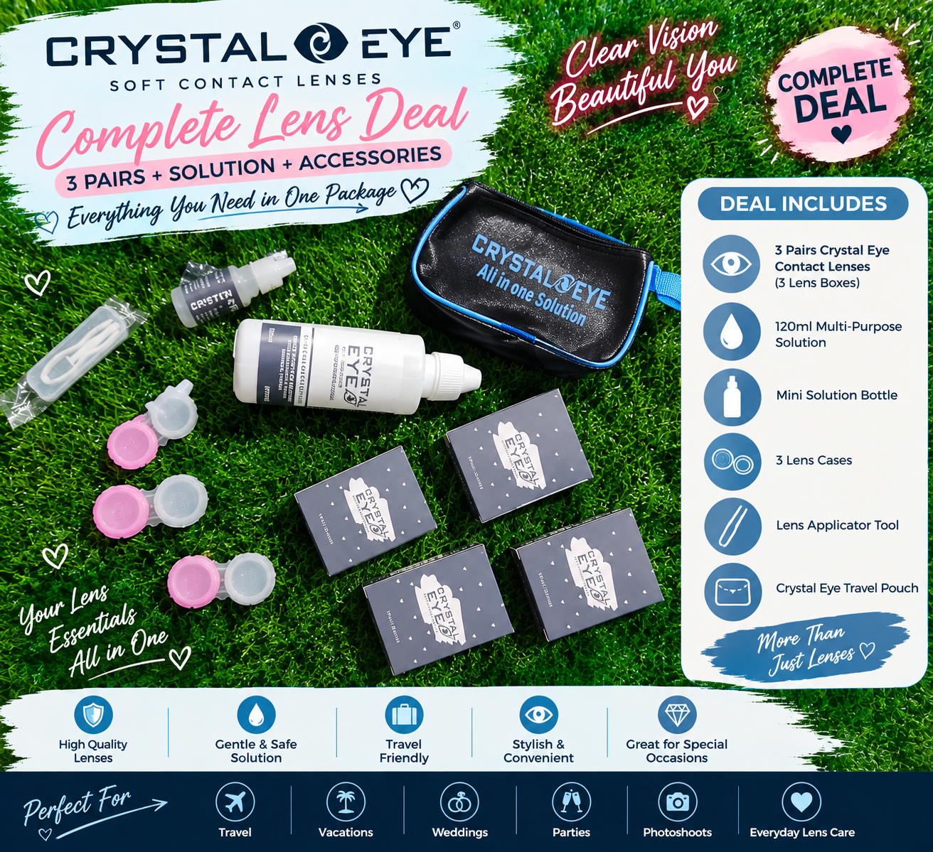 Crystal Eye Complete Lens Deal – 3 Pairs + Solution Kit + Travel Accessories
